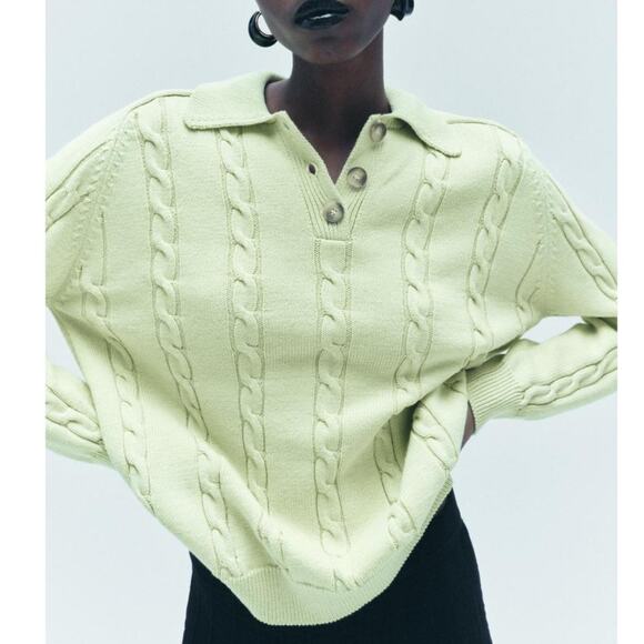 Zara CHUNKY POLO NECK SWEATER WITH BRAID CABLE PATTERN in Lime - Picture 1 of 11